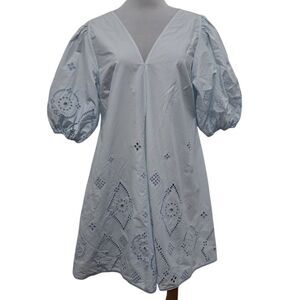 Ganni Broderie Anglaise Puff Sleeve Organic Cotton Mini Dress Illusion Blue S 42